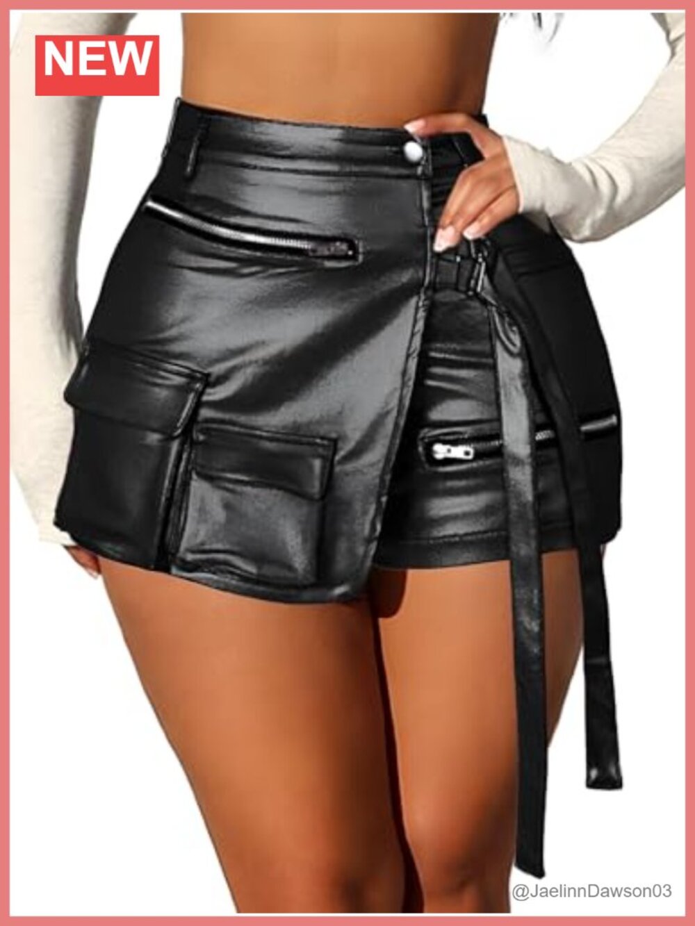 Faux Leather High Waisted Asymmetrical Cargo Skort with Pockets